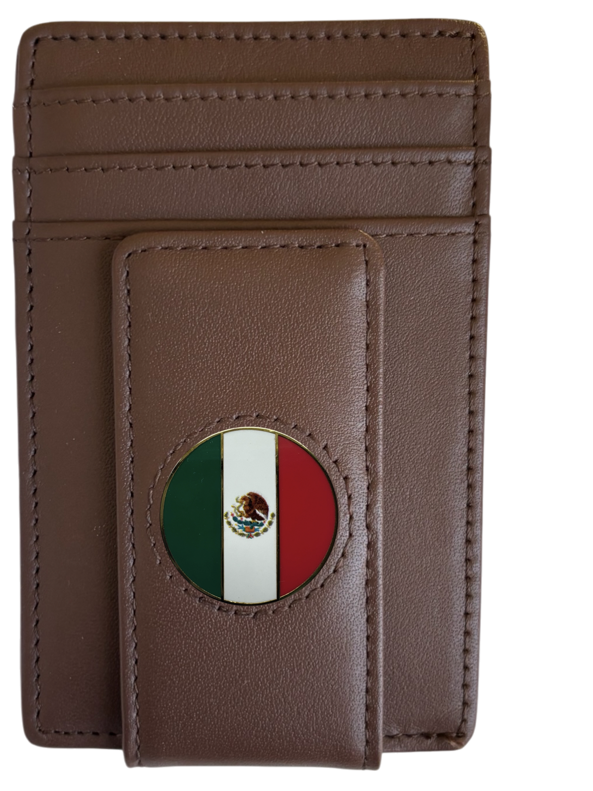 Dark brown full-grain leather Icon Wallet with Mexican flag icon
