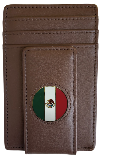 Dark brown full-grain leather Icon Wallet with Mexican flag icon