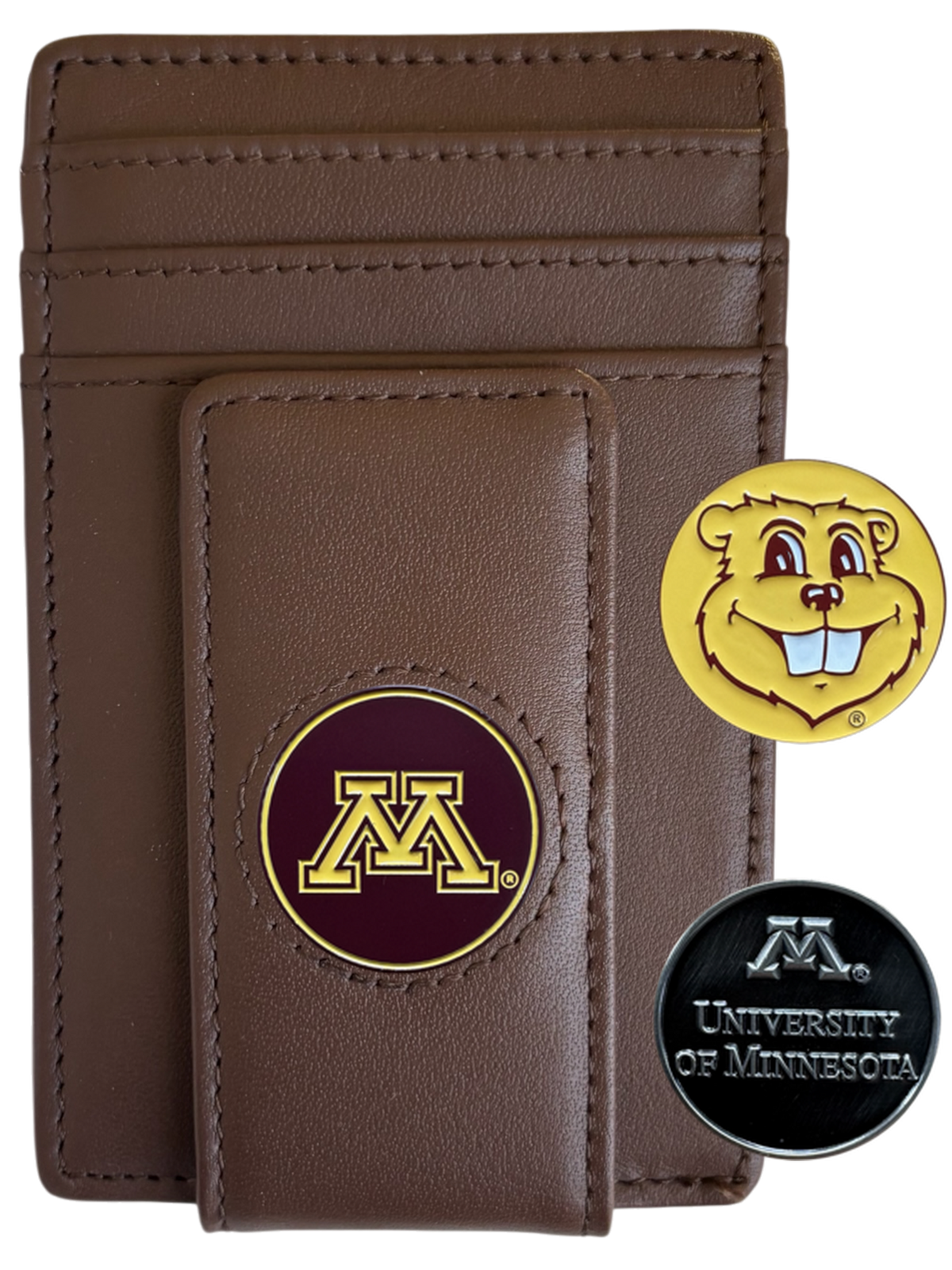 Minnesota Golden Gophers dark brown leather wallet with block M icon and two interchangeable icons