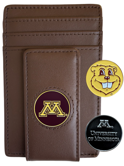 Minnesota Golden Gophers dark brown leather wallet with block M icon and two interchangeable icons