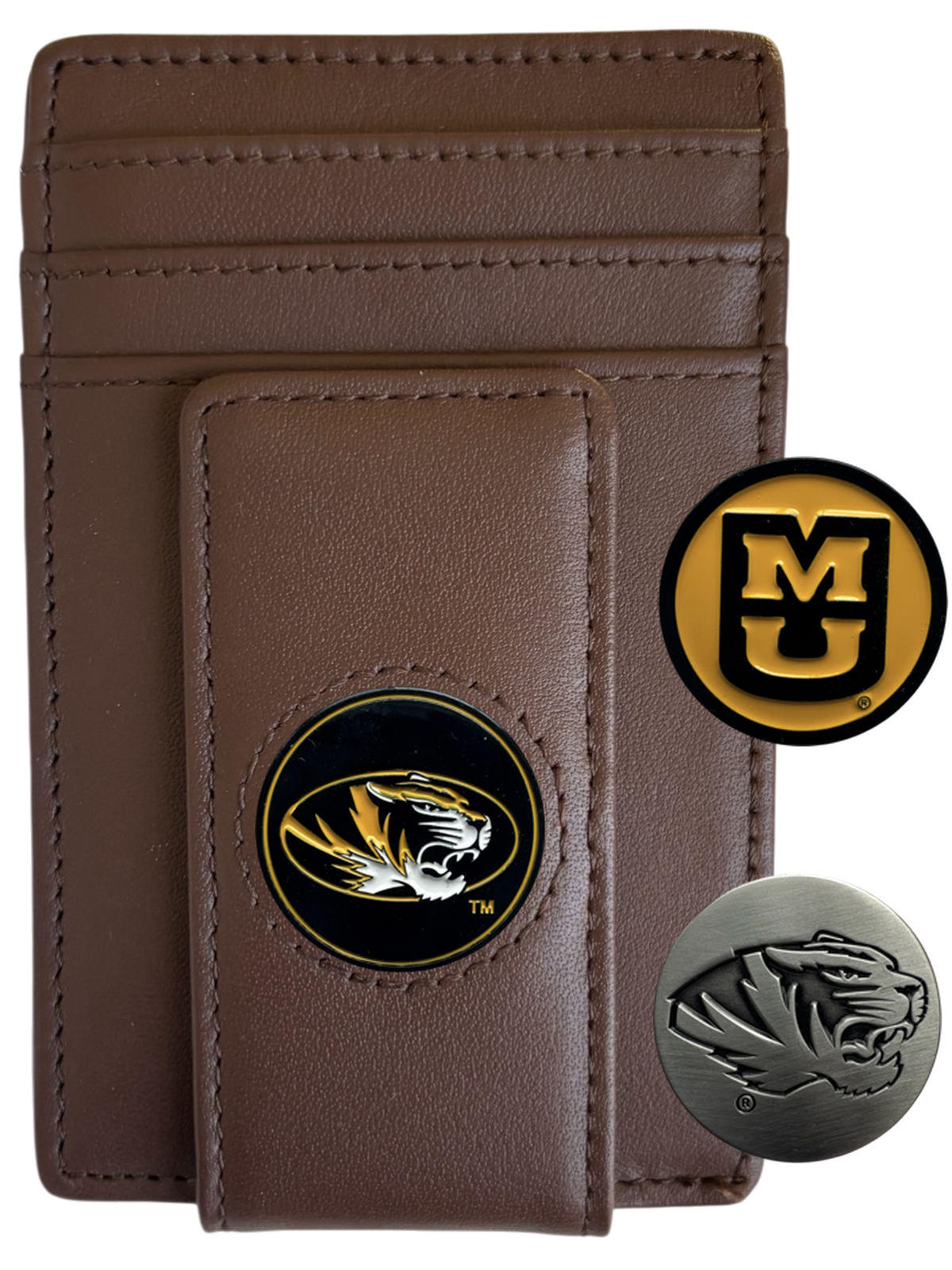 Missouri Tigers dark brown leather wallet with Tiger head icon, MU icon and silver Tiger icon