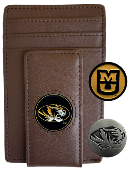 Missouri Tigers dark brown leather wallet with Tiger head icon, MU icon and silver Tiger icon