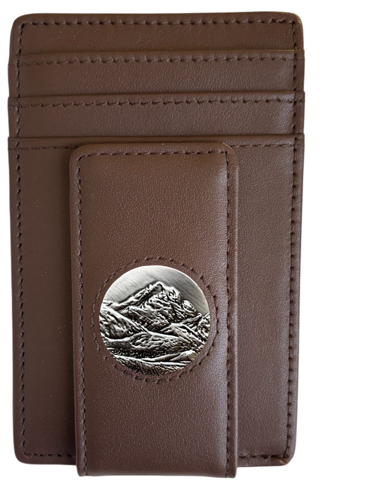 Dark brown full-grain leather Icon Wallet with silver mountain icon