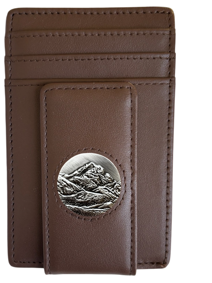 Dark brown full-grain leather Icon Wallet with silver mountain icon