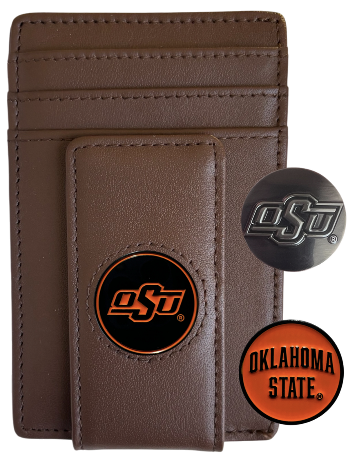 Oklahoma State Cowboys brown leather wallet with OSU icon and two interchangeable icons