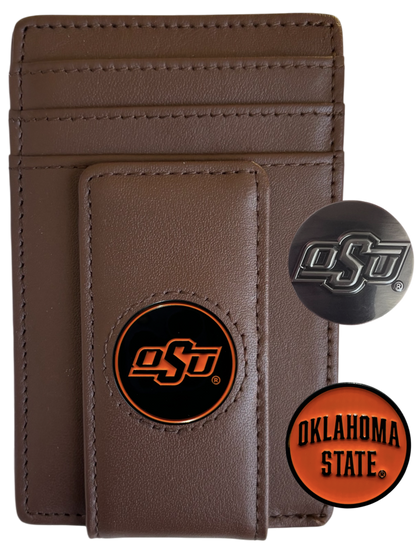 Oklahoma State Cowboys brown leather wallet with OSU icon and two interchangeable icons
