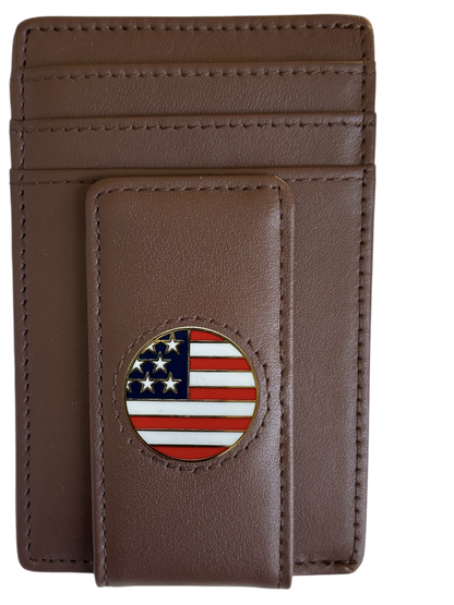 Dark brown full-grain leather Icon Wallet with American flag icon