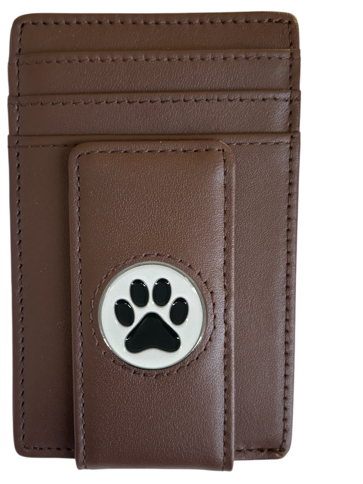 Dark brown full-grain leather Icon Wallet with black paw print icon