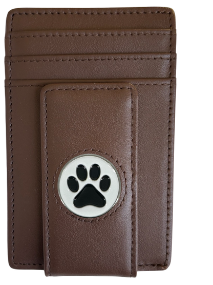 Dark brown full-grain leather Icon Wallet with black paw print icon
