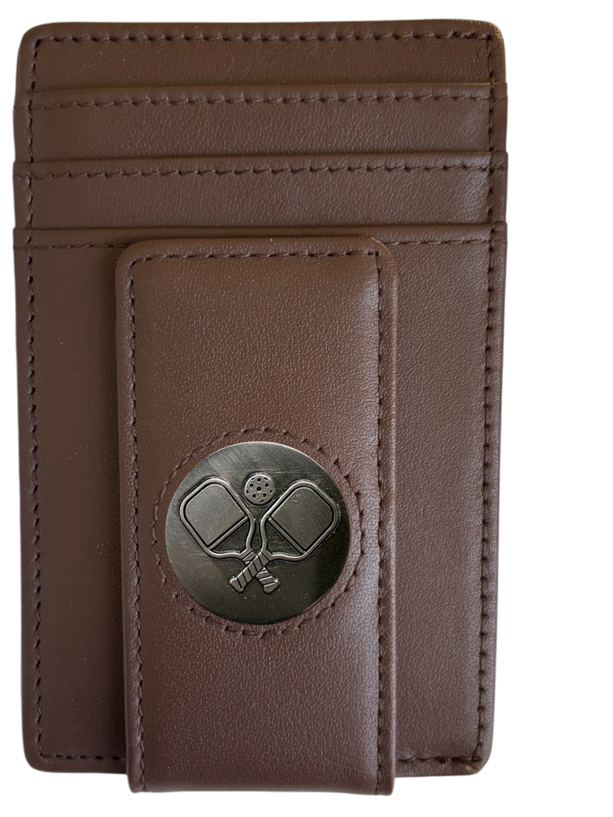 Dark brown full-grain leather Icon Wallet with pickleball paddles icon