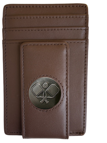 Dark brown full-grain leather Icon Wallet with pickleball paddles icon