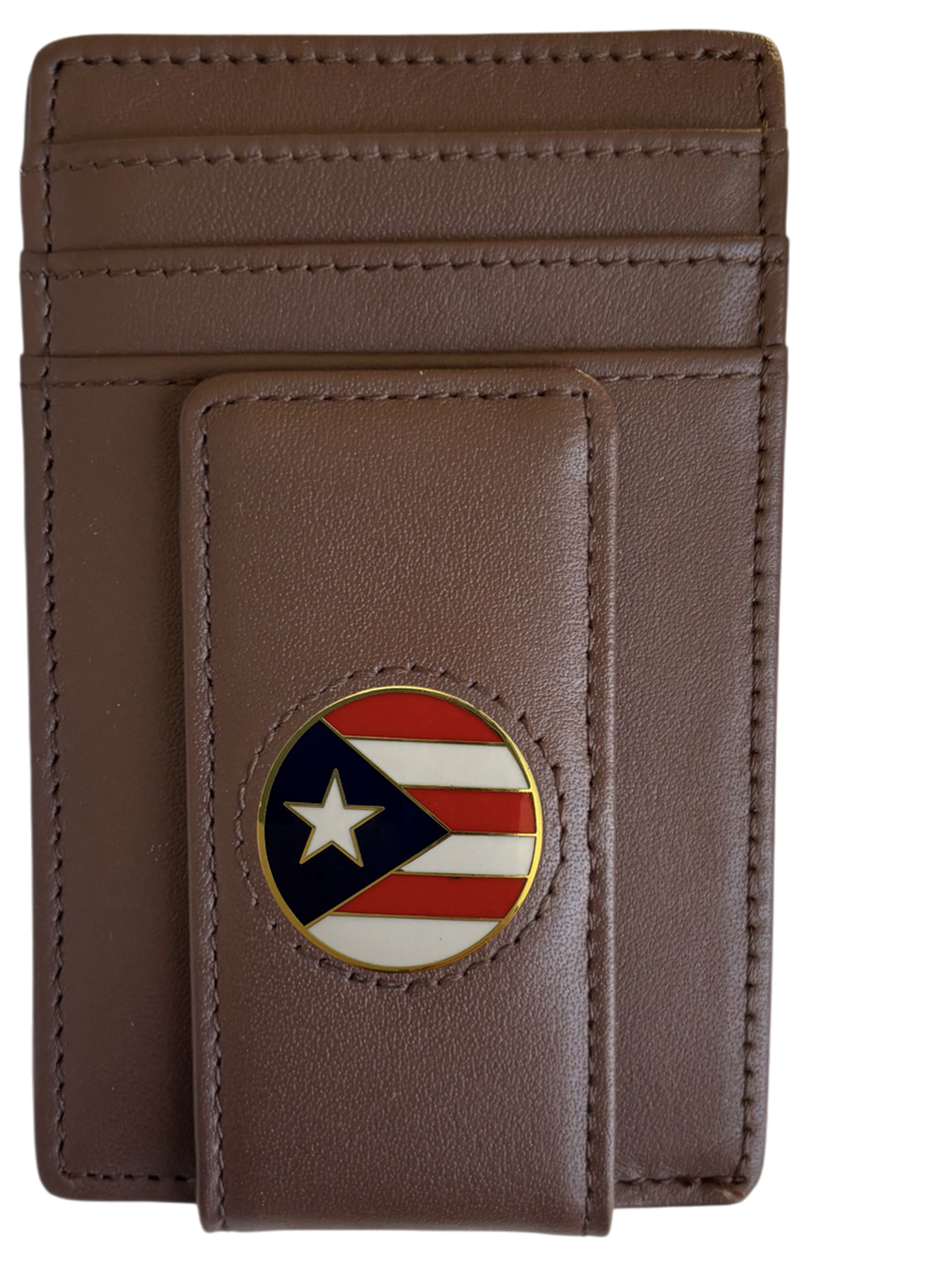 Dark brown full-grain leather Icon Wallet with Puerto Rico flag icon