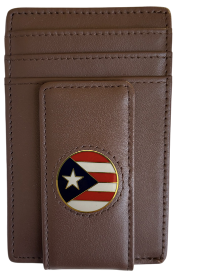Dark brown full-grain leather Icon Wallet with Puerto Rico flag icon