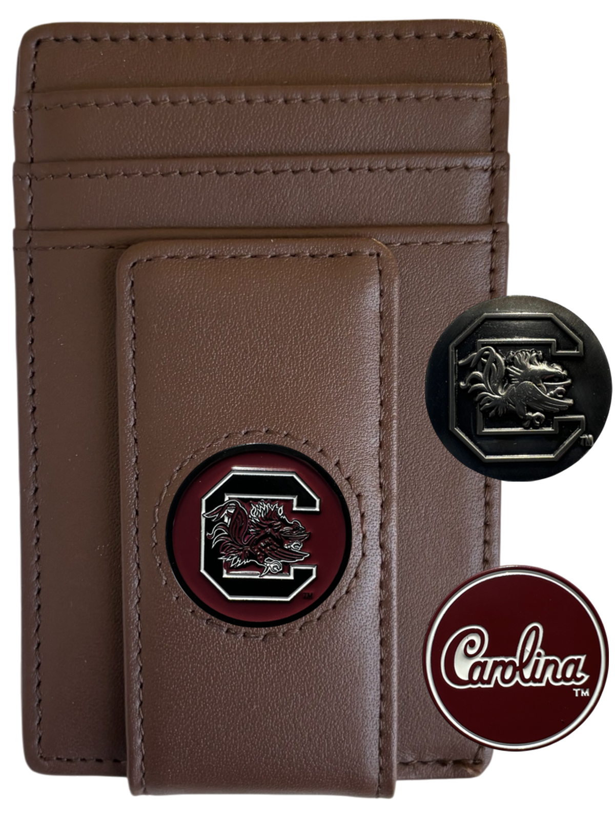 South Carolina Gamecocks dark brown leather wallet with Block C icon and two interchangeable icons