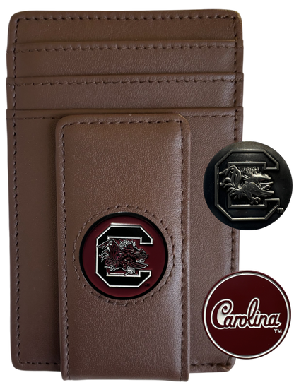South Carolina Gamecocks dark brown leather wallet with Block C icon and two interchangeable icons